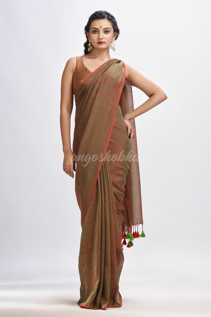 Lime Green Handloom Molmol zari Cotton Saree