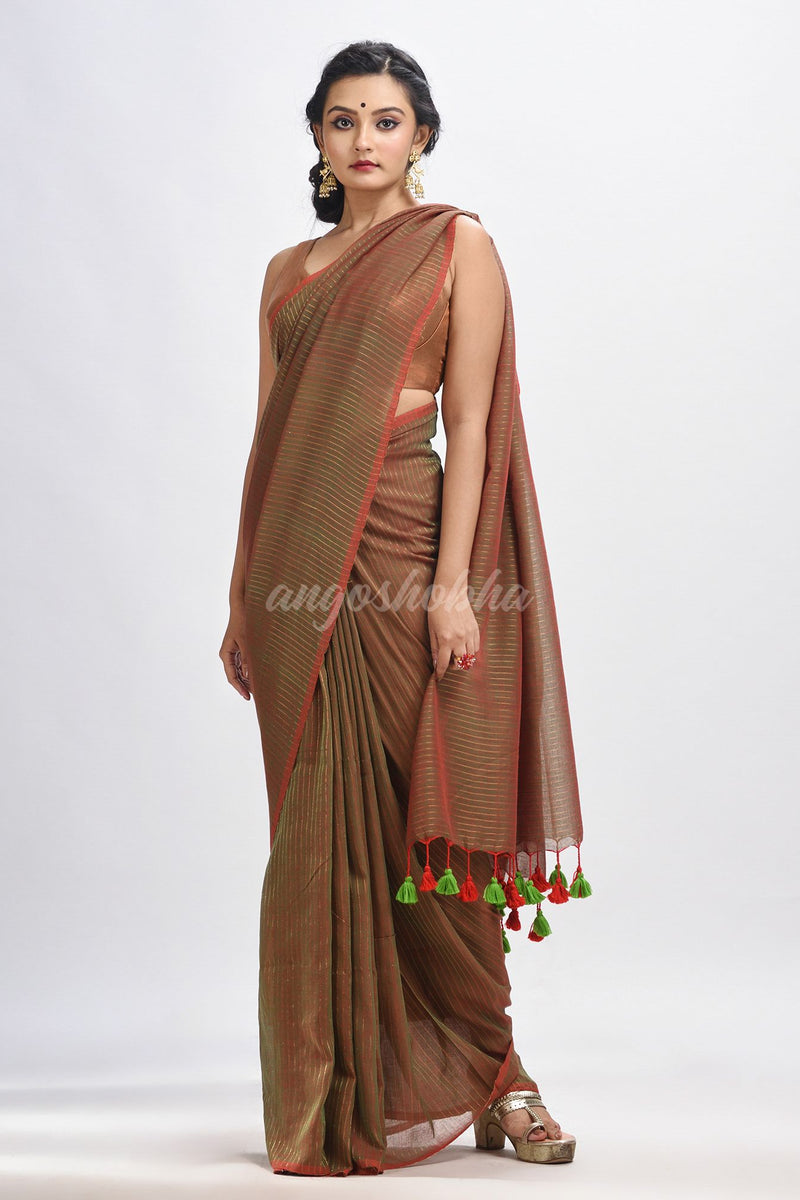 Lime Green Handloom Molmol zari Cotton Saree