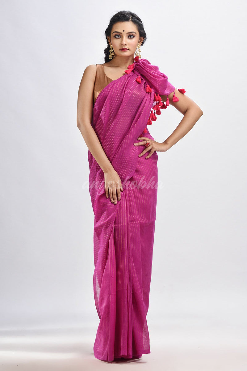 Magenta Handloom Molmol zari  Cotton Saree