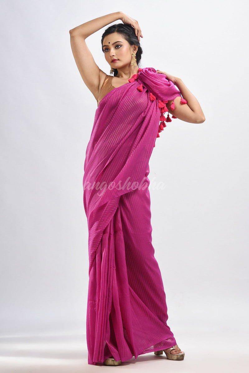 Magenta Handloom Molmol zari  Cotton Saree
