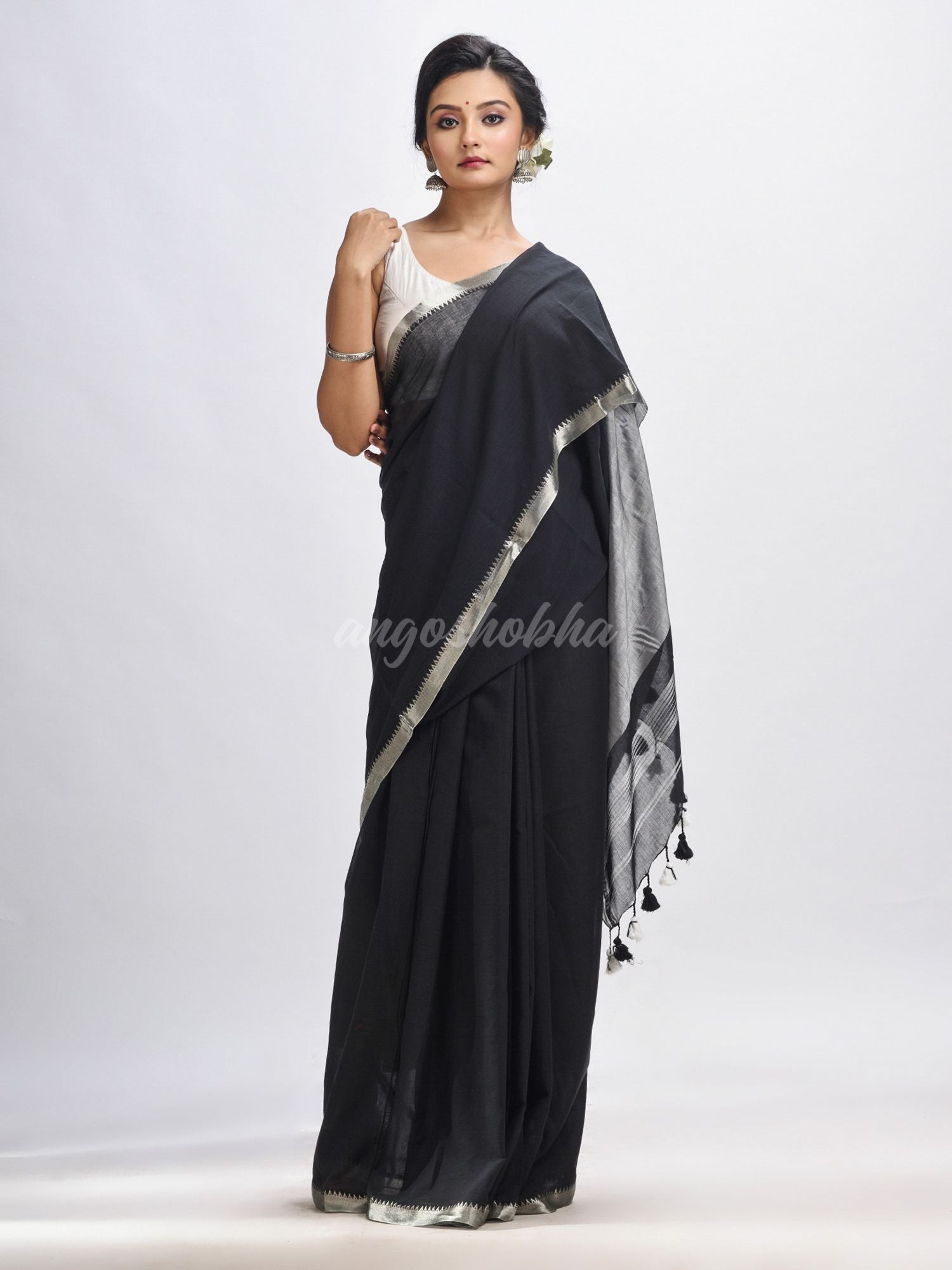 Black Cotton with zari pallu and zari border handloom Saree