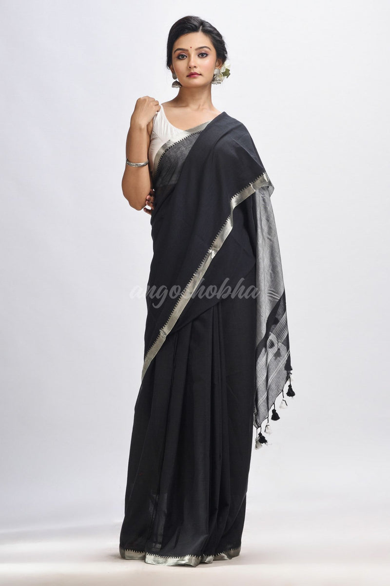 Black Cotton with zari pallu and zari border handloom Saree