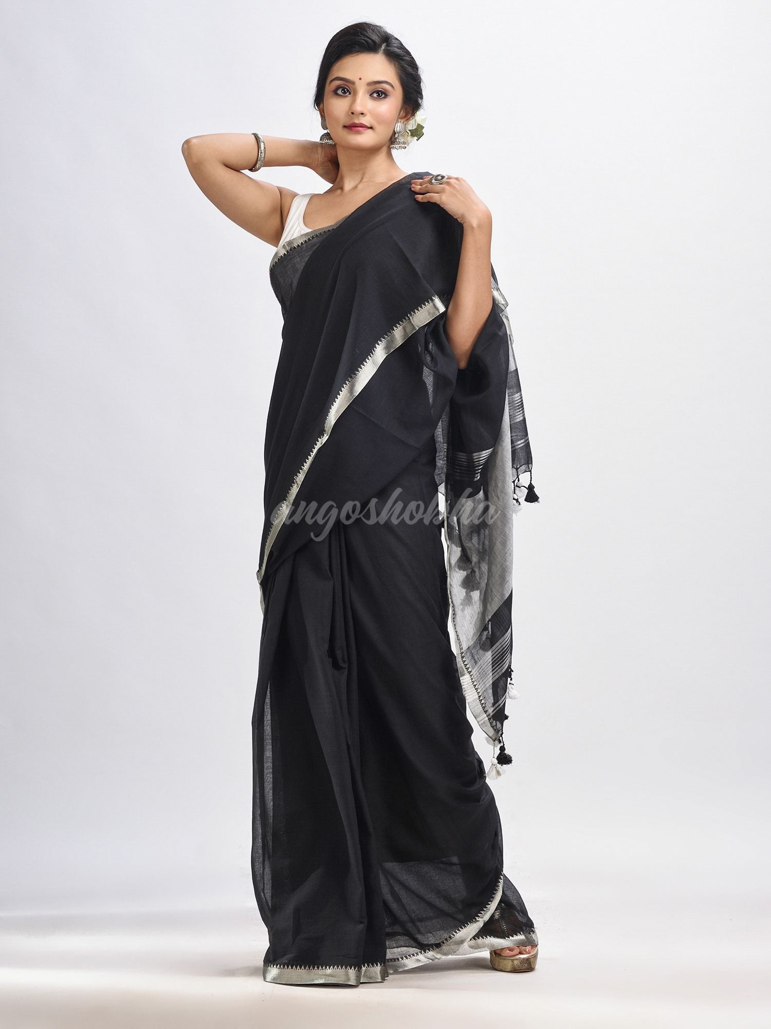 Black Cotton with zari pallu and zari border handloom Saree