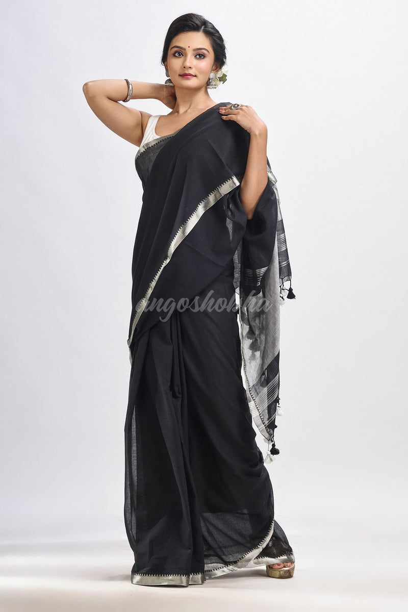 Black Cotton with zari pallu and zari border handloom Saree