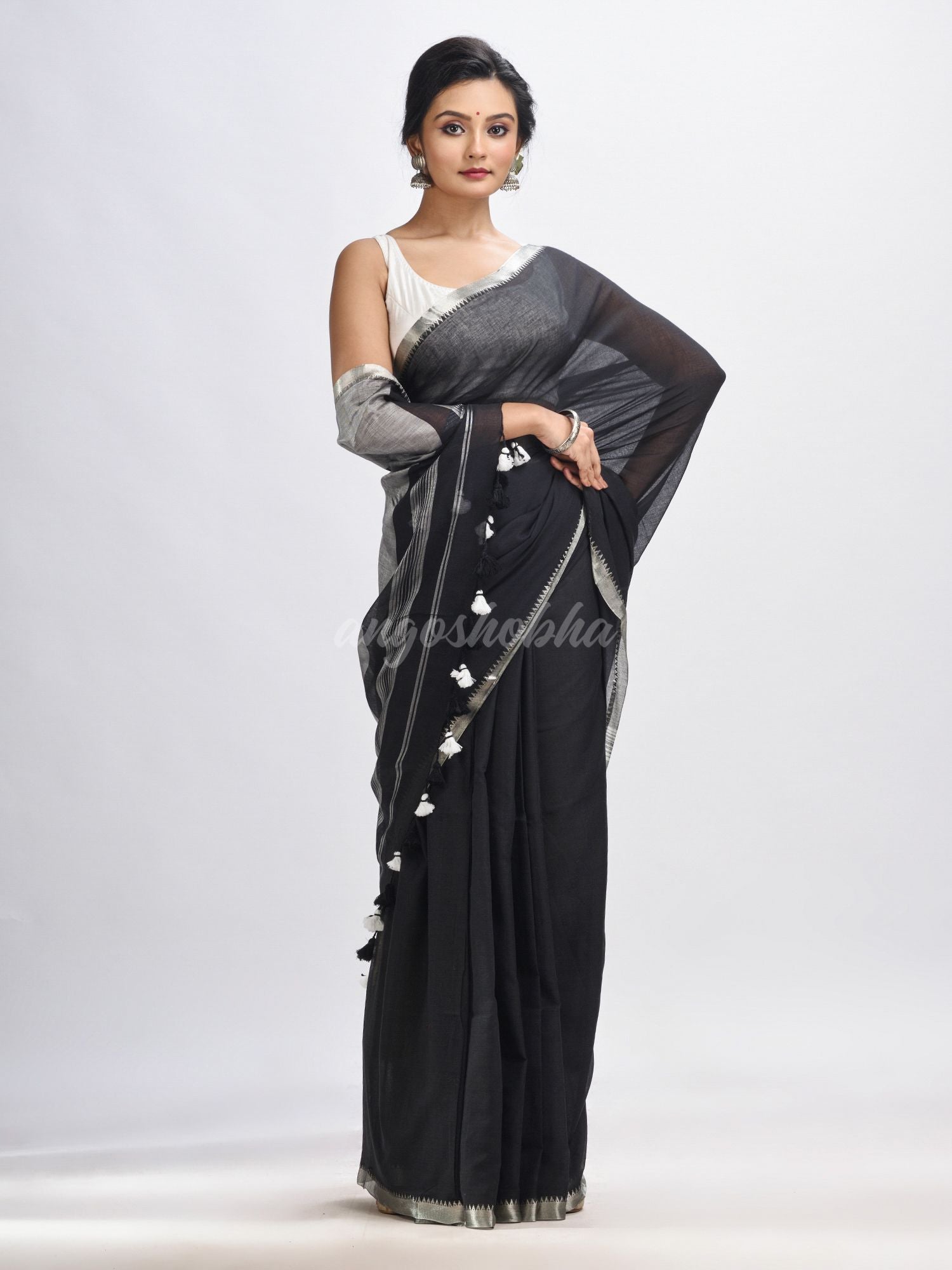 Black Cotton with zari pallu and zari border handloom Saree