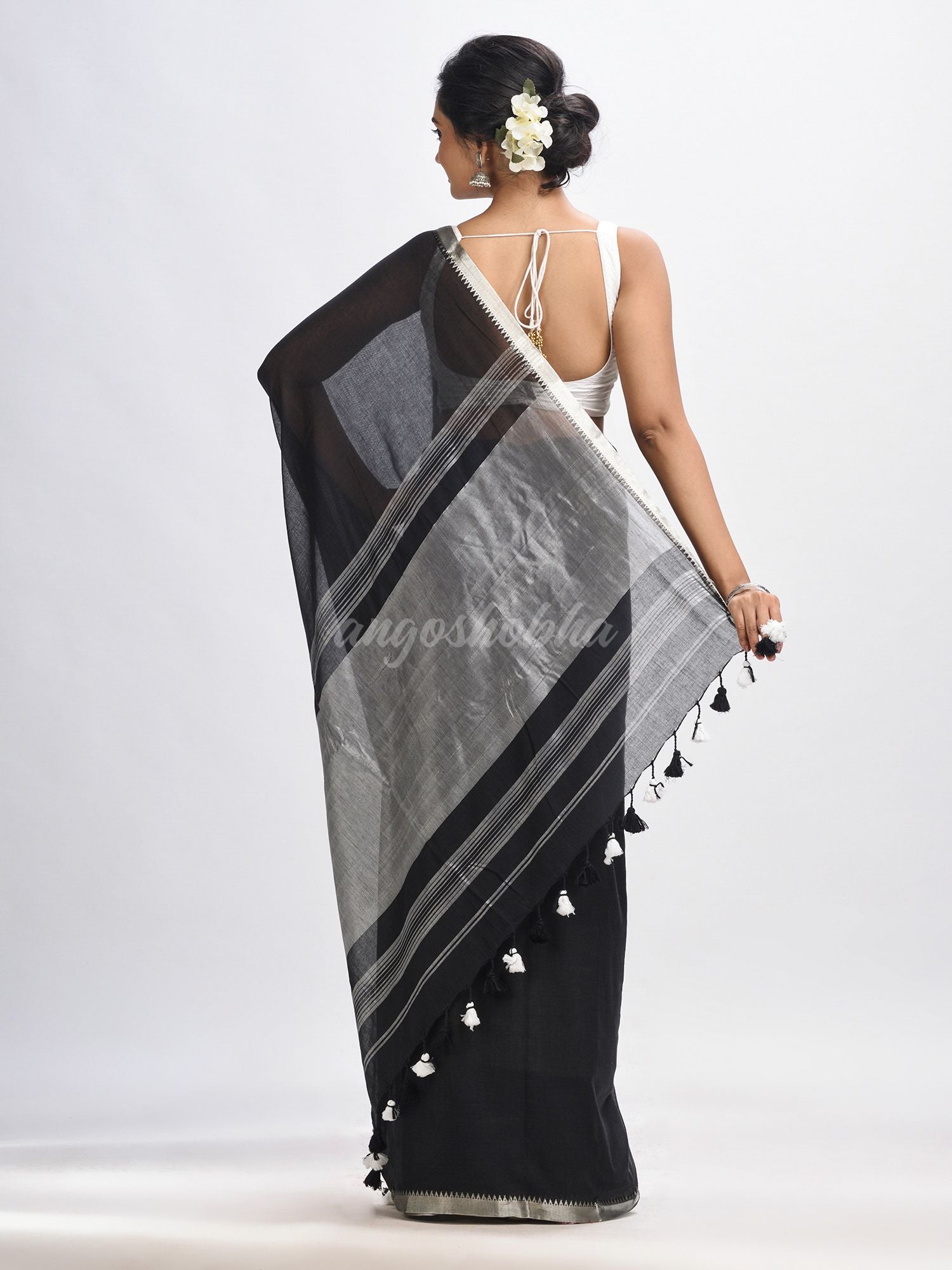 Black Cotton with zari pallu and zari border handloom Saree