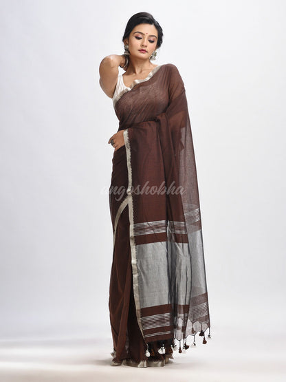 Dark coffee Cotton with zari pallu and zari border handloom Saree