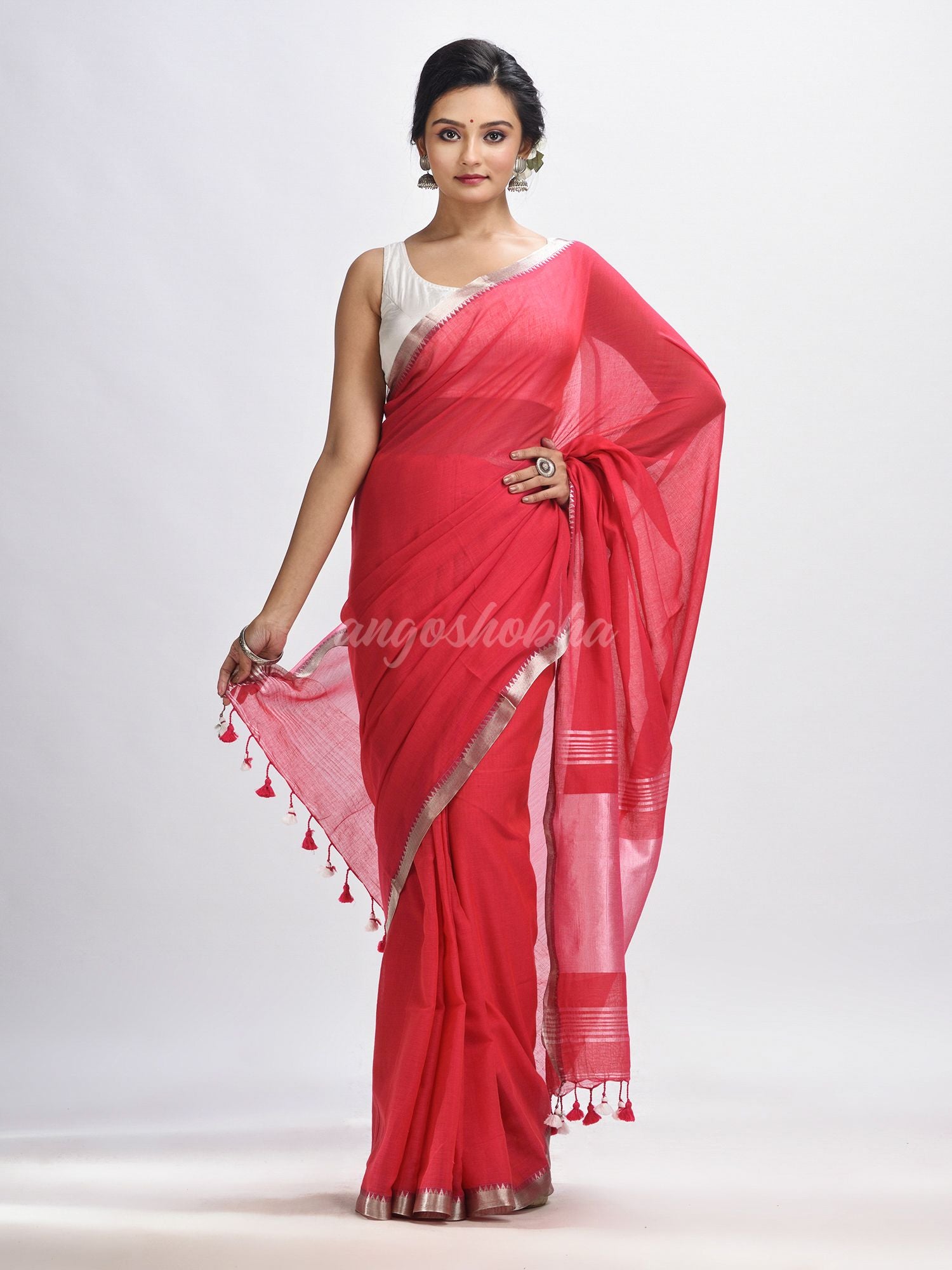 Red Cotton with zari pallu and zari border handloom Saree