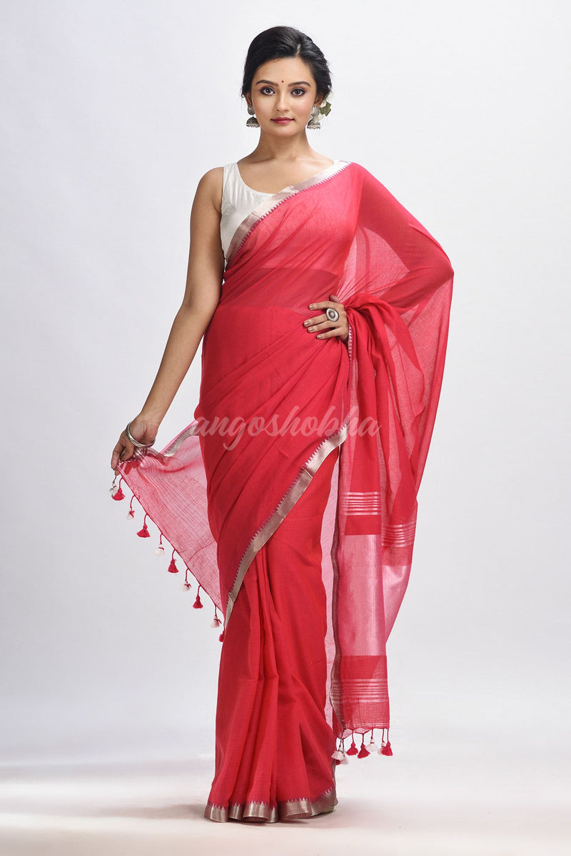 Red Cotton with zari pallu and zari border handloom Saree