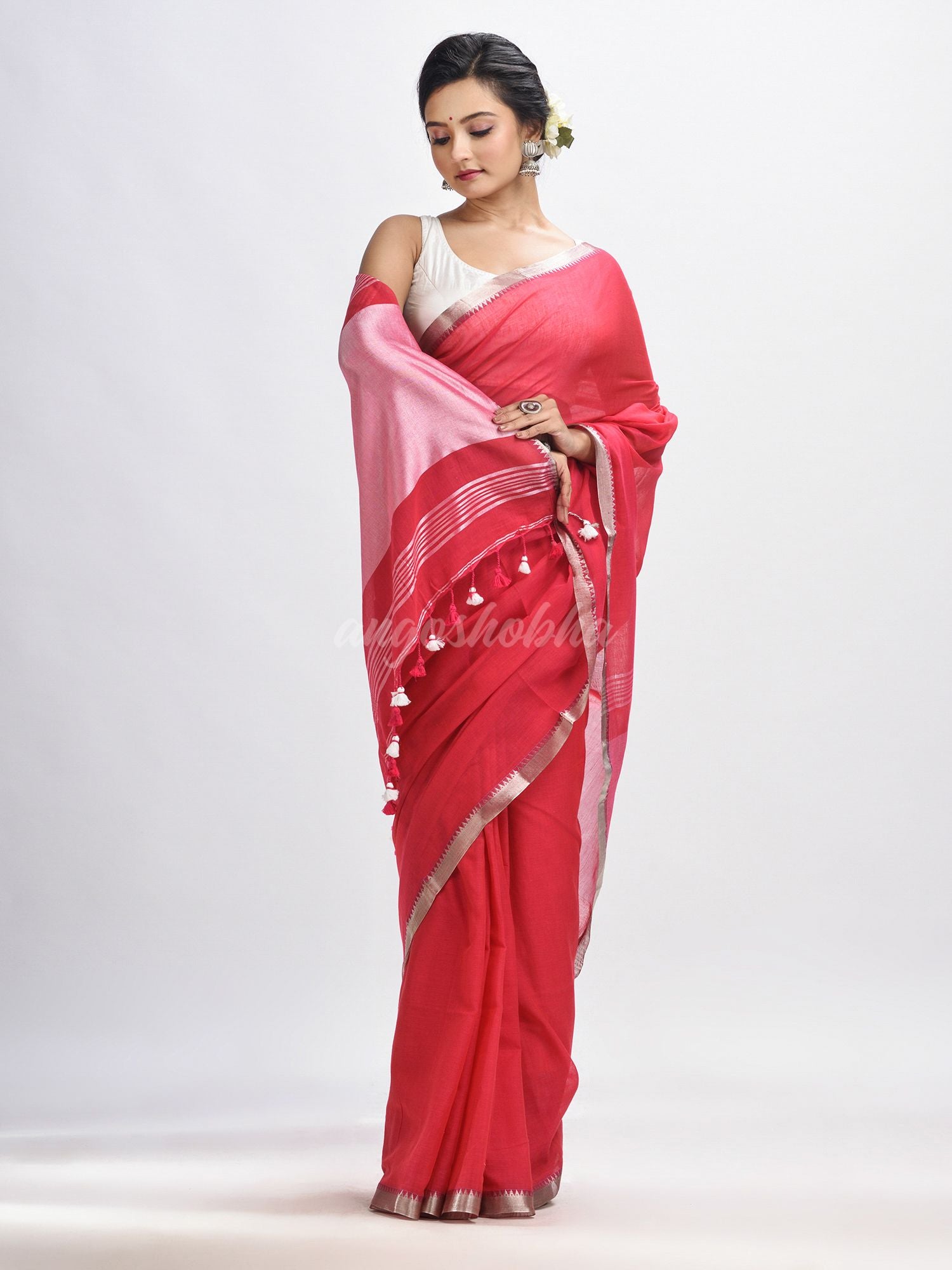 Red Cotton with zari pallu and zari border handloom Saree