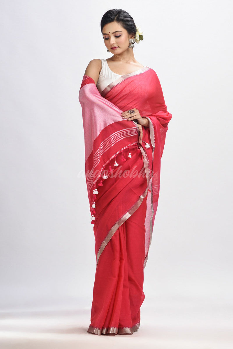 Red Cotton with zari pallu and zari border handloom Saree
