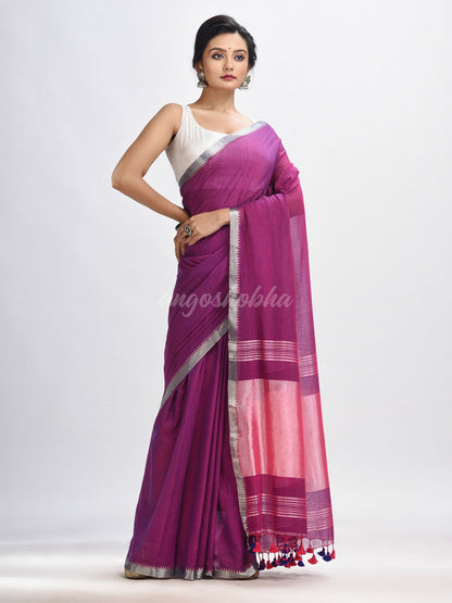 Dark magenta Cotton with zari pallu and zari border handloom Saree