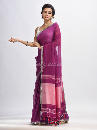 Dark magenta Cotton with zari pallu and zari border handloom Saree