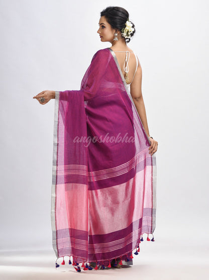 Dark magenta Cotton with zari pallu and zari border handloom Saree