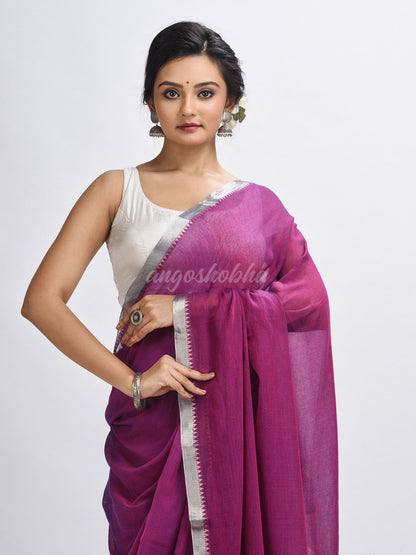 Dark magenta Cotton with zari pallu and zari border handloom Saree