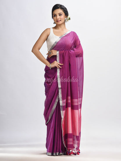 Dark magenta Cotton with zari pallu and zari border handloom Saree