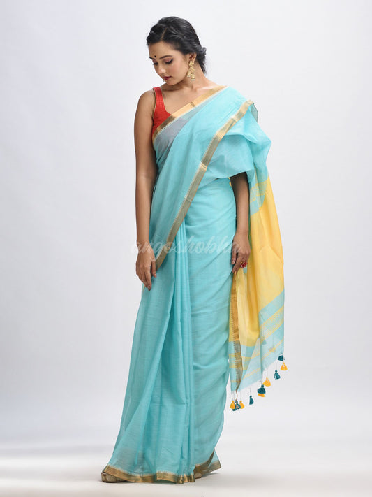 Aqua sky Cotton with zari pallu and zari border handloom Saree