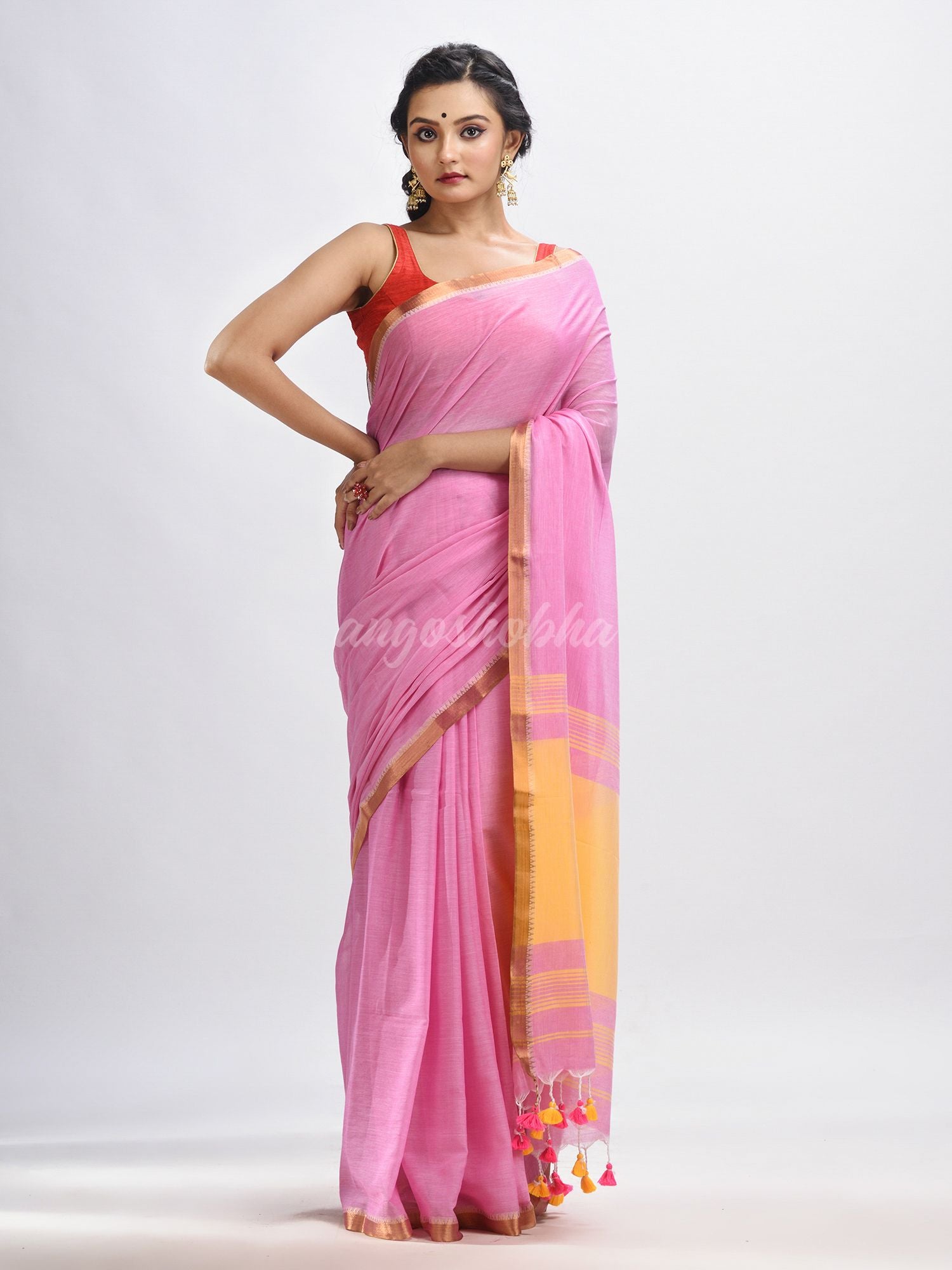 Blush pink Cotton with zari pallu and zari border handloom Saree