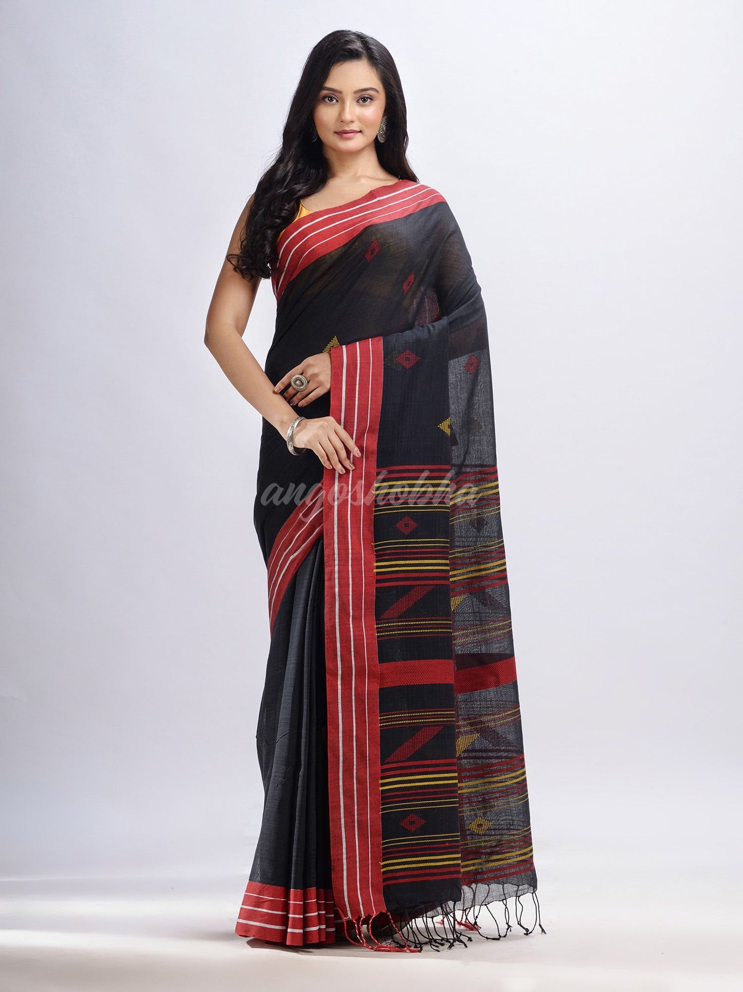 Black cotton with red border handwoven jamdani saree