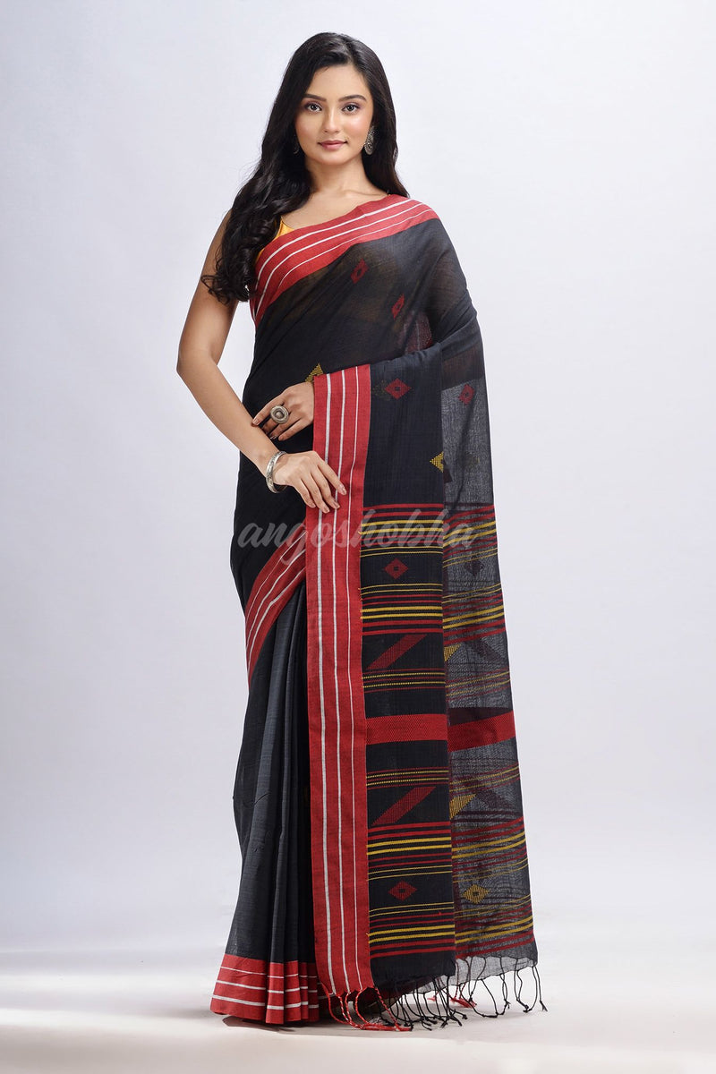 Black cotton with red border handwoven jamdani saree
