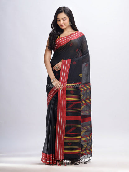 Black cotton with red border handwoven jamdani saree