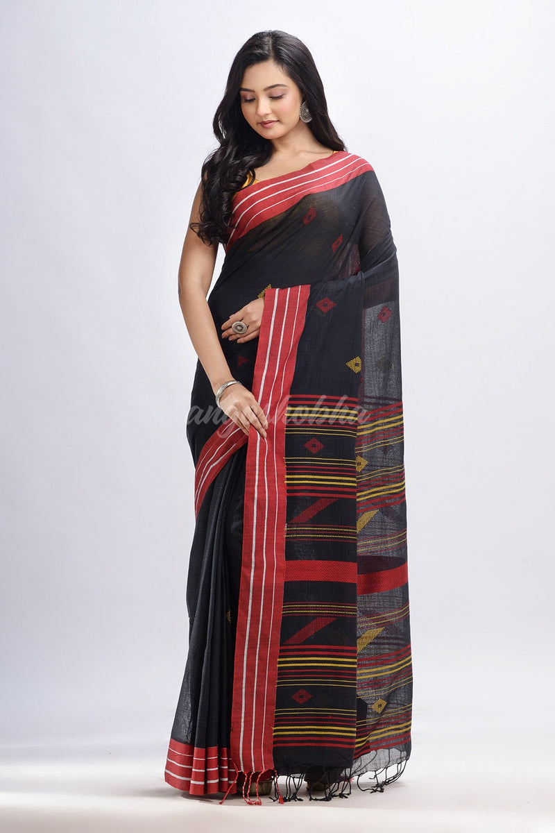 Black cotton with red border handwoven jamdani saree