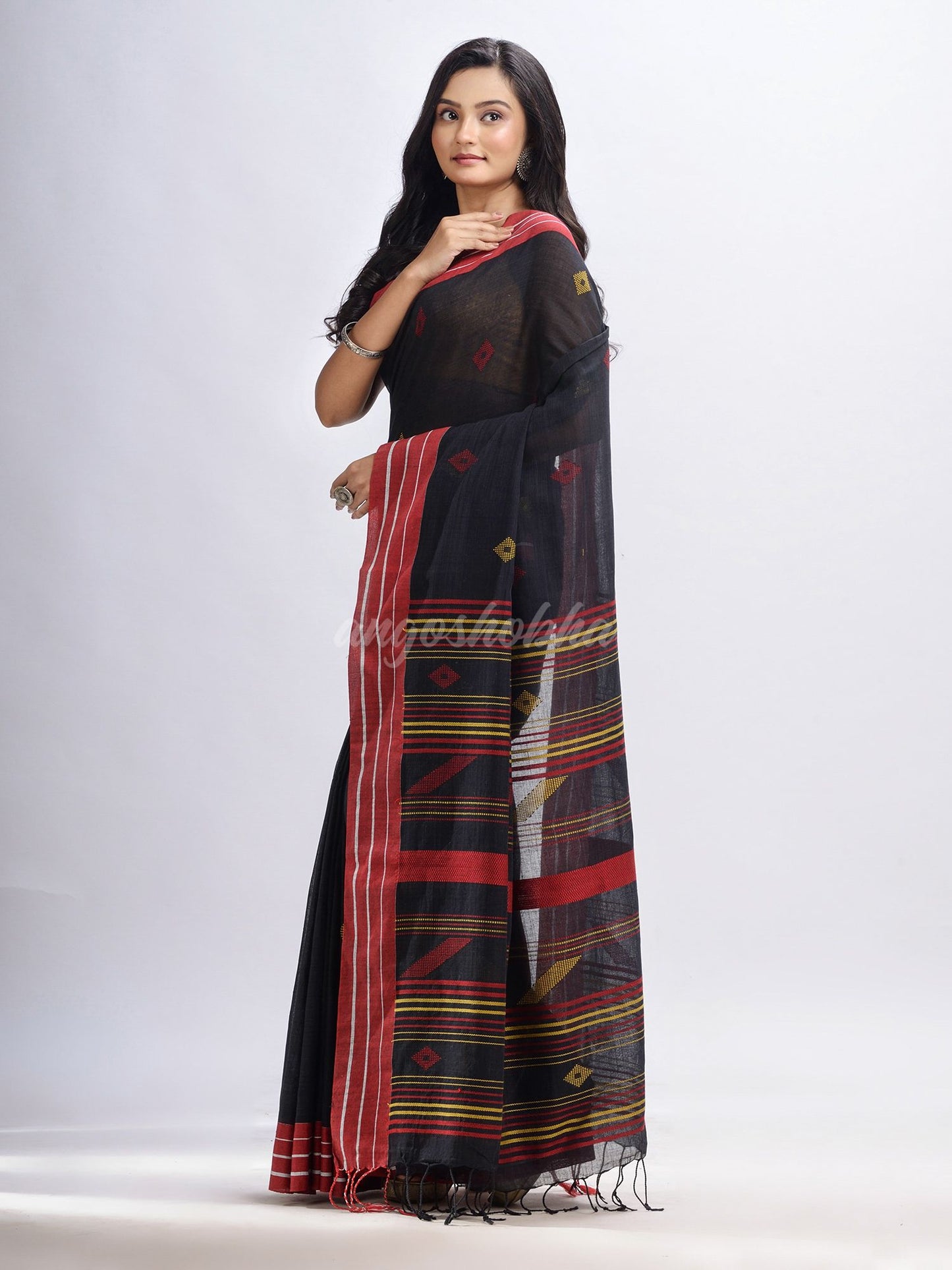 Black cotton with red border handwoven jamdani saree