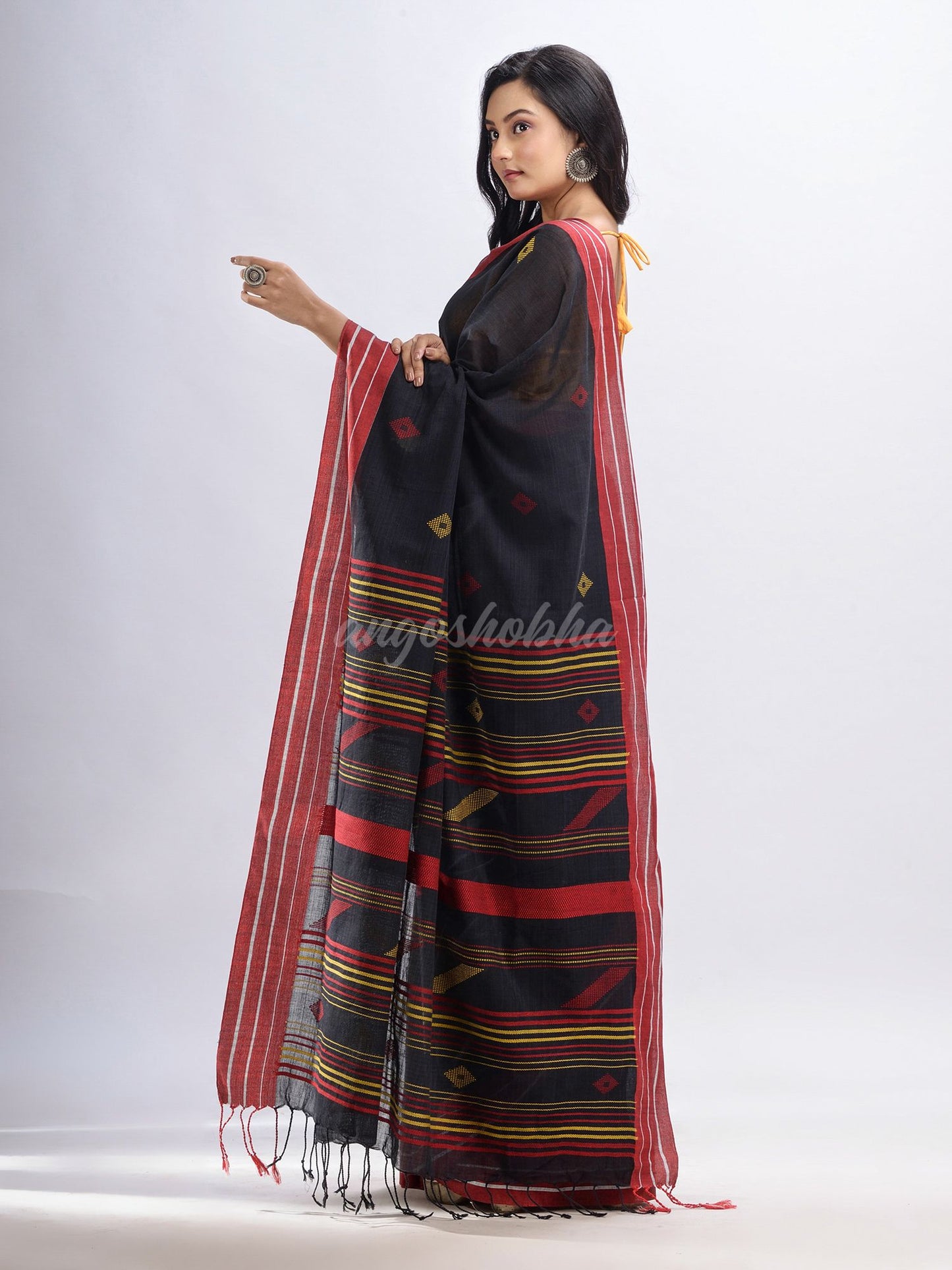 Black cotton with red border handwoven jamdani saree