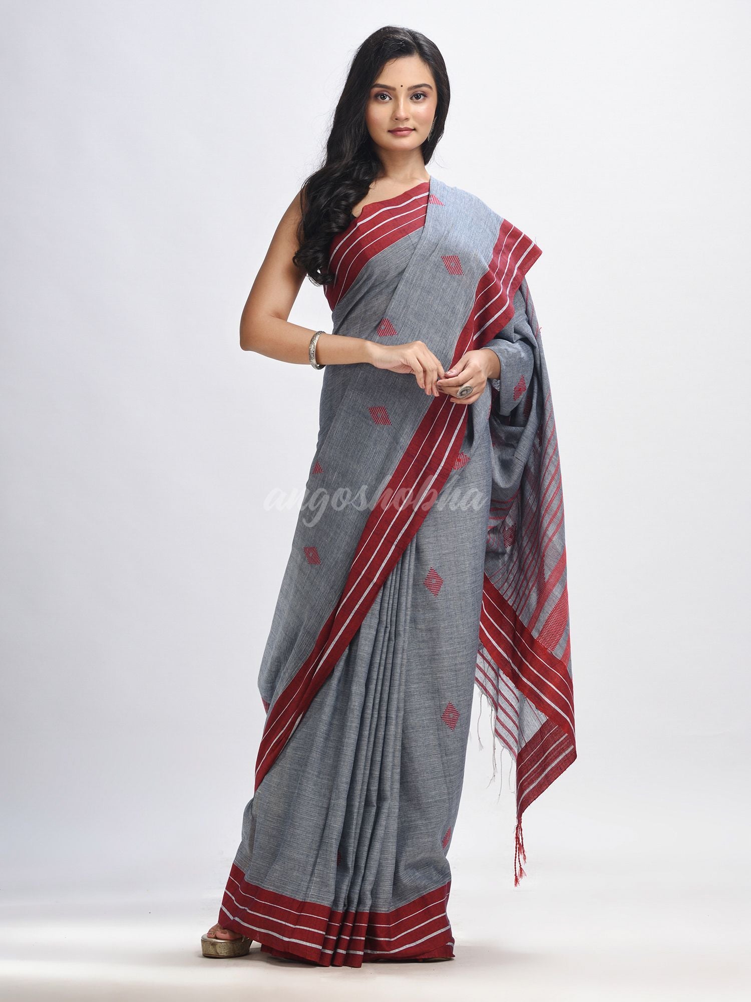 Grey cotton with maroon border handwoven jamdani saree