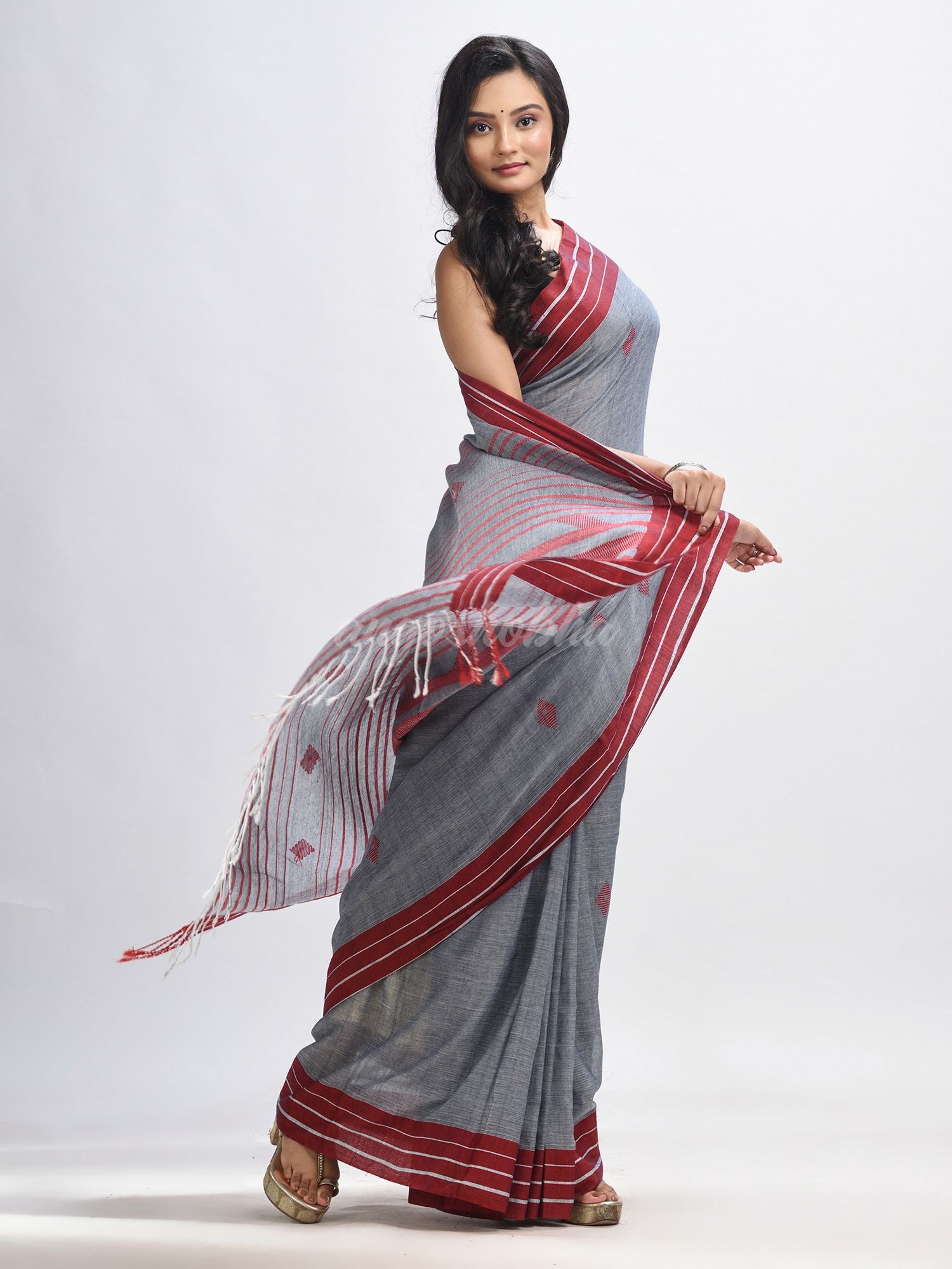 Grey cotton with maroon border handwoven jamdani saree