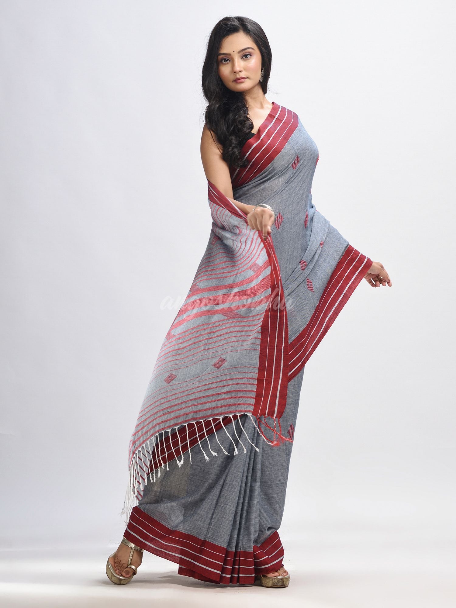 Grey cotton with maroon border handwoven jamdani saree