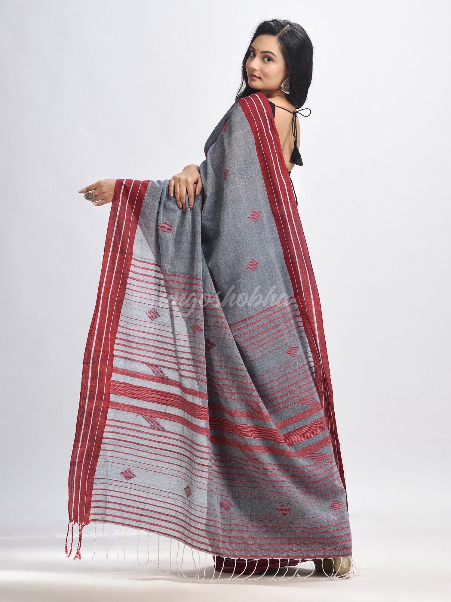 Grey cotton with maroon border handwoven jamdani saree