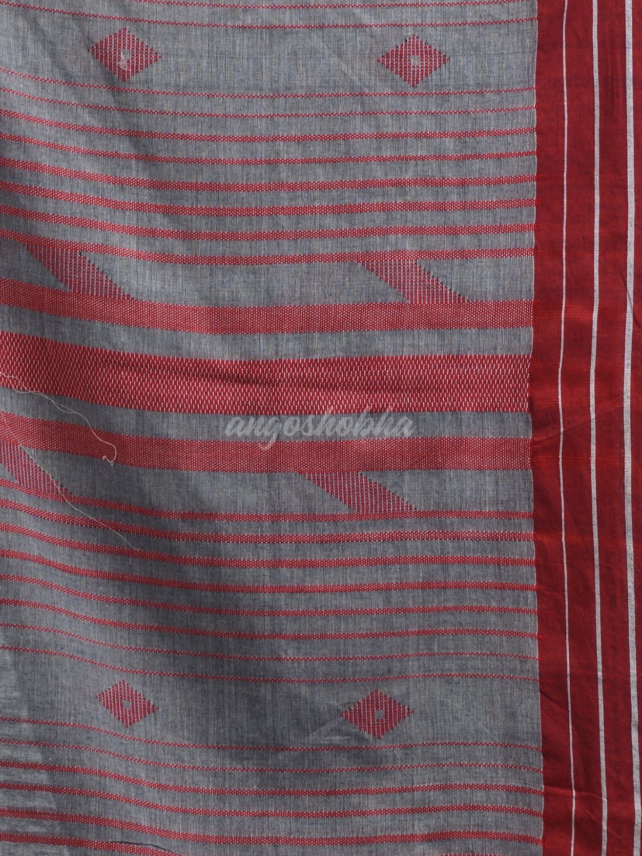 Grey cotton with maroon border handwoven jamdani saree