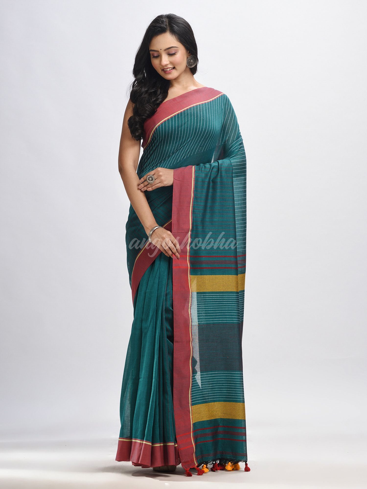 Rama green cotton with red border handwoven jamdani saree