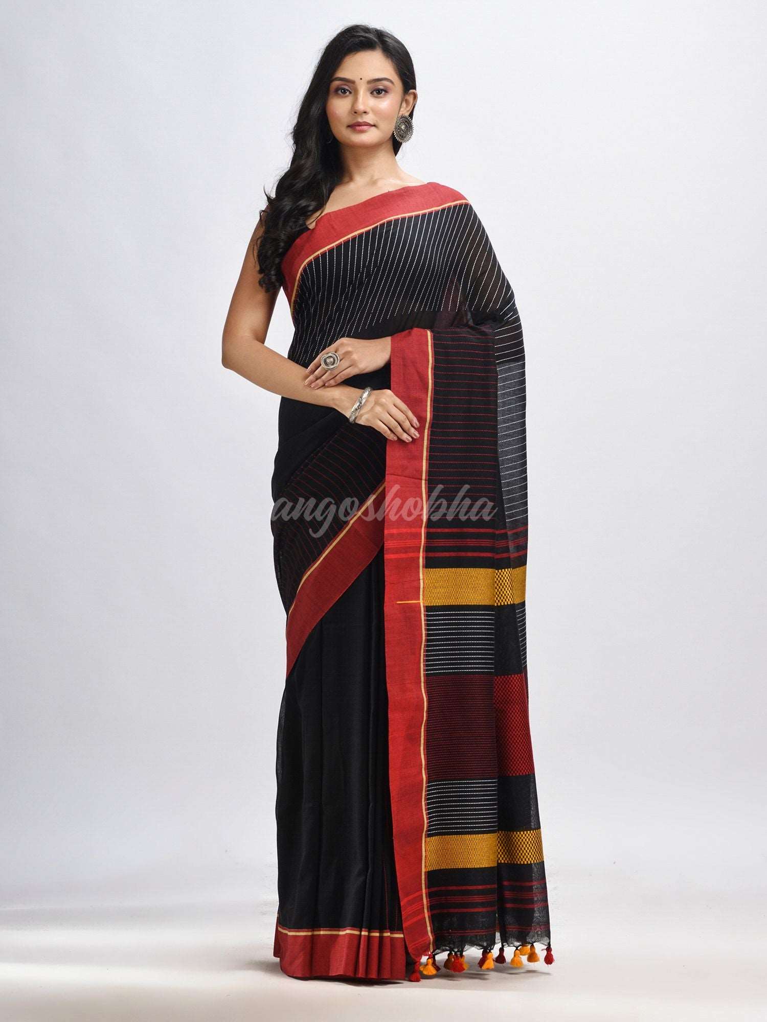Bkack cotton with red border handwoven jamdani saree