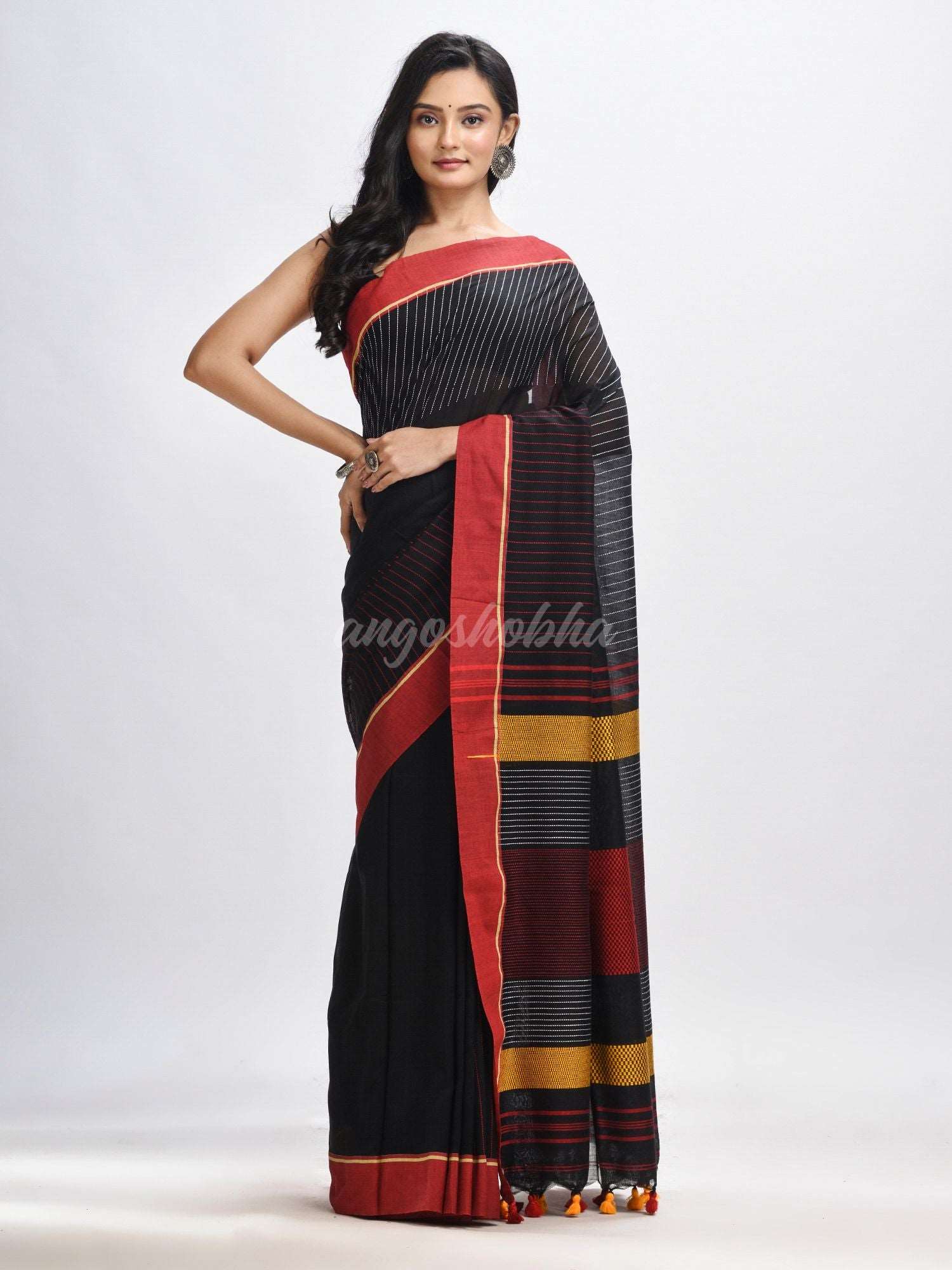 Bkack cotton with red border handwoven jamdani saree