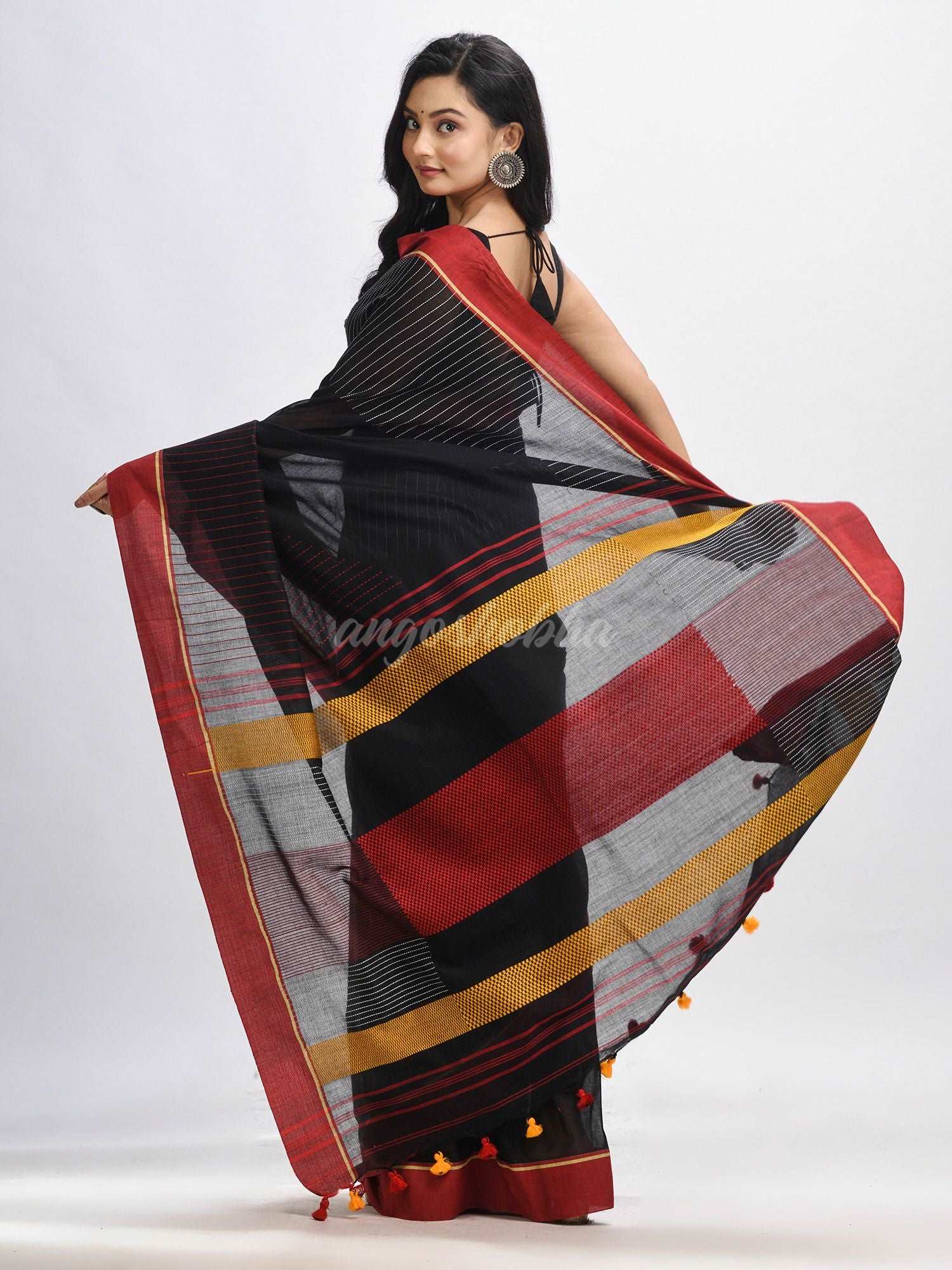 Bkack cotton with red border handwoven jamdani saree