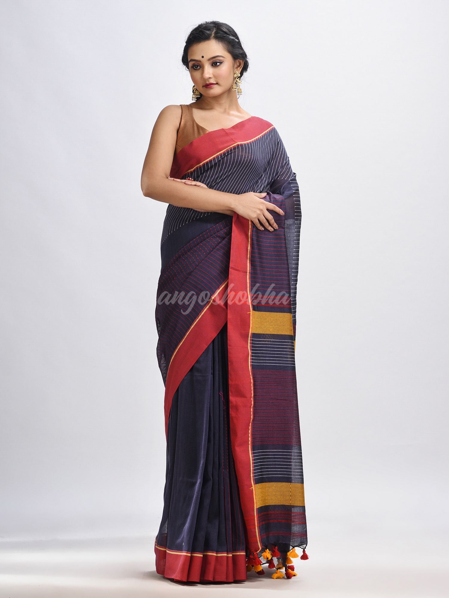 Dark grey cotton with red border handwoven jamdani saree