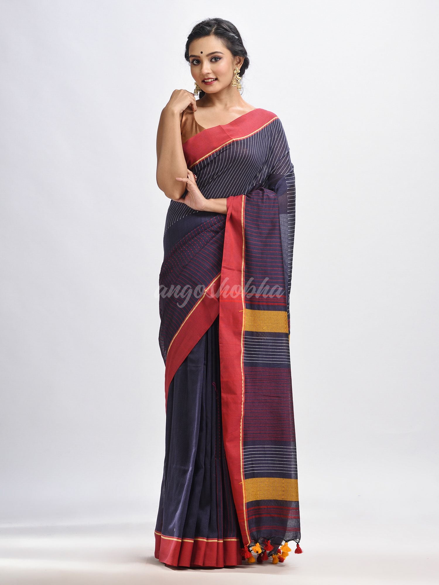 Dark grey cotton with red border handwoven jamdani saree