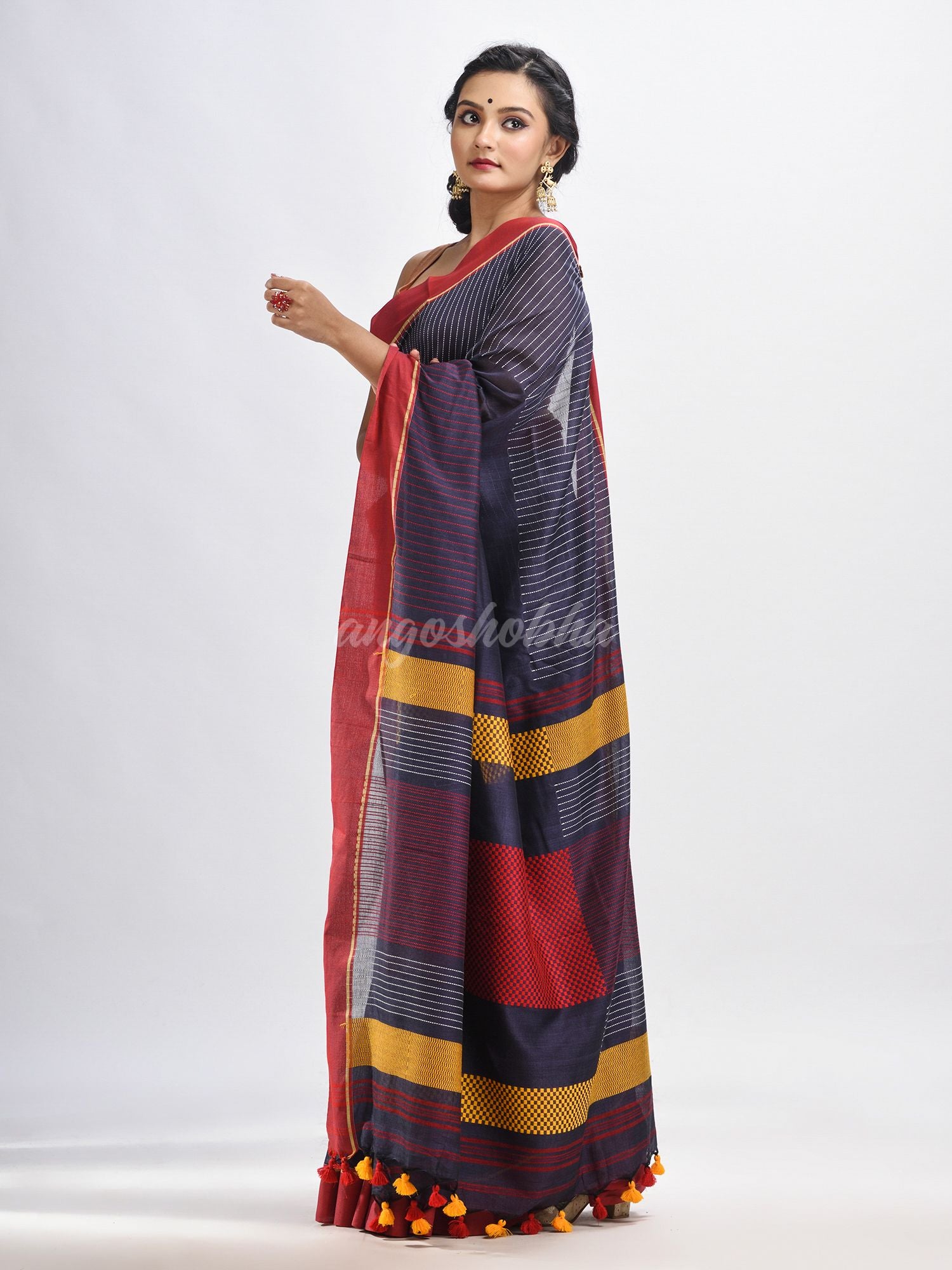 Dark grey cotton with red border handwoven jamdani saree