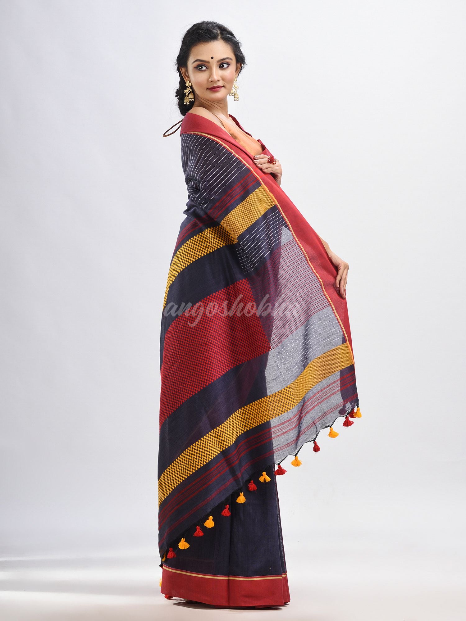 Dark grey cotton with red border handwoven jamdani saree