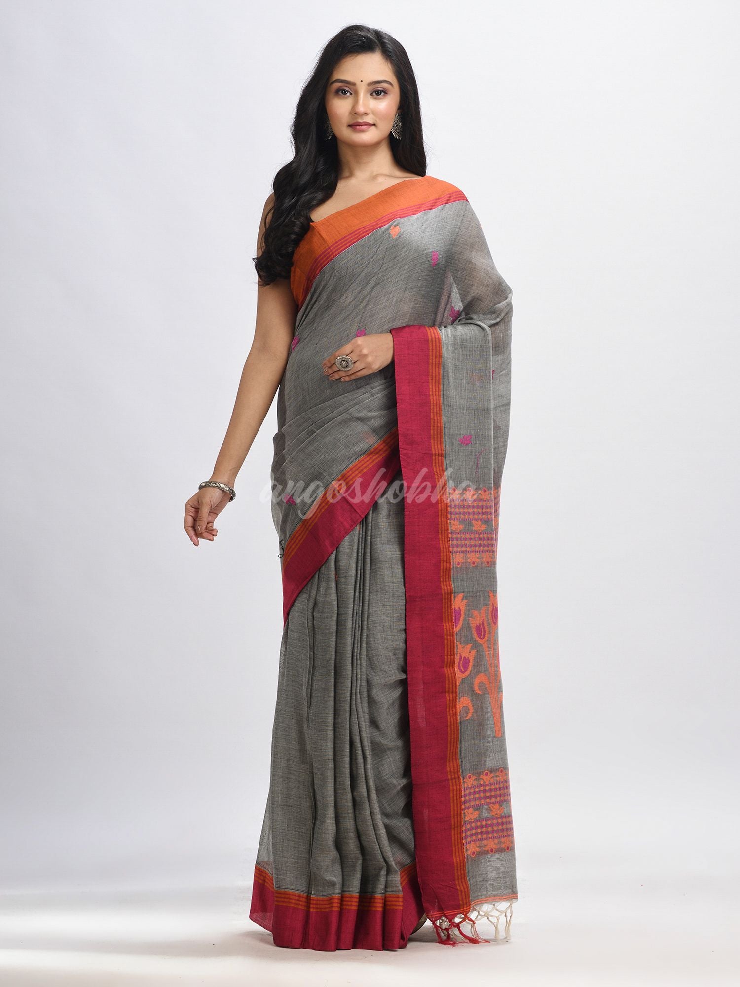 Grey cotton Jacquard  jamdani saree