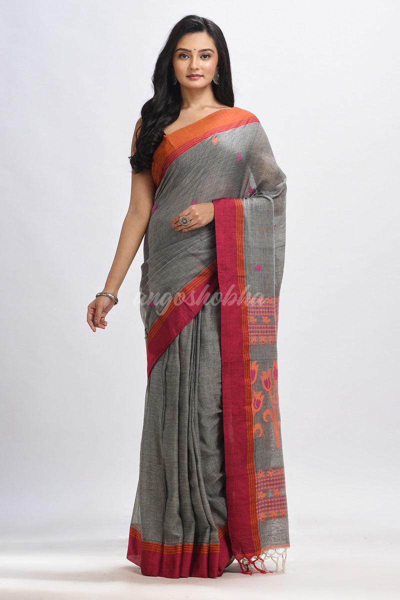 Grey cotton Jacquard  jamdani saree
