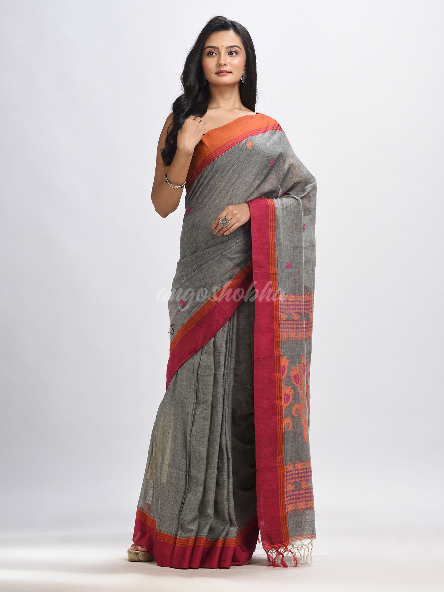Grey cotton Jacquard  jamdani saree