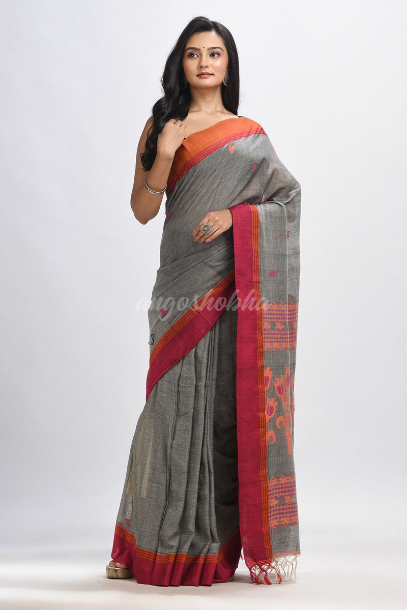 Grey cotton Jacquard  jamdani saree