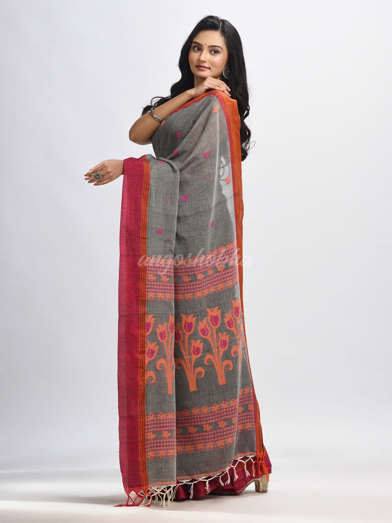 Grey cotton Jacquard  jamdani saree