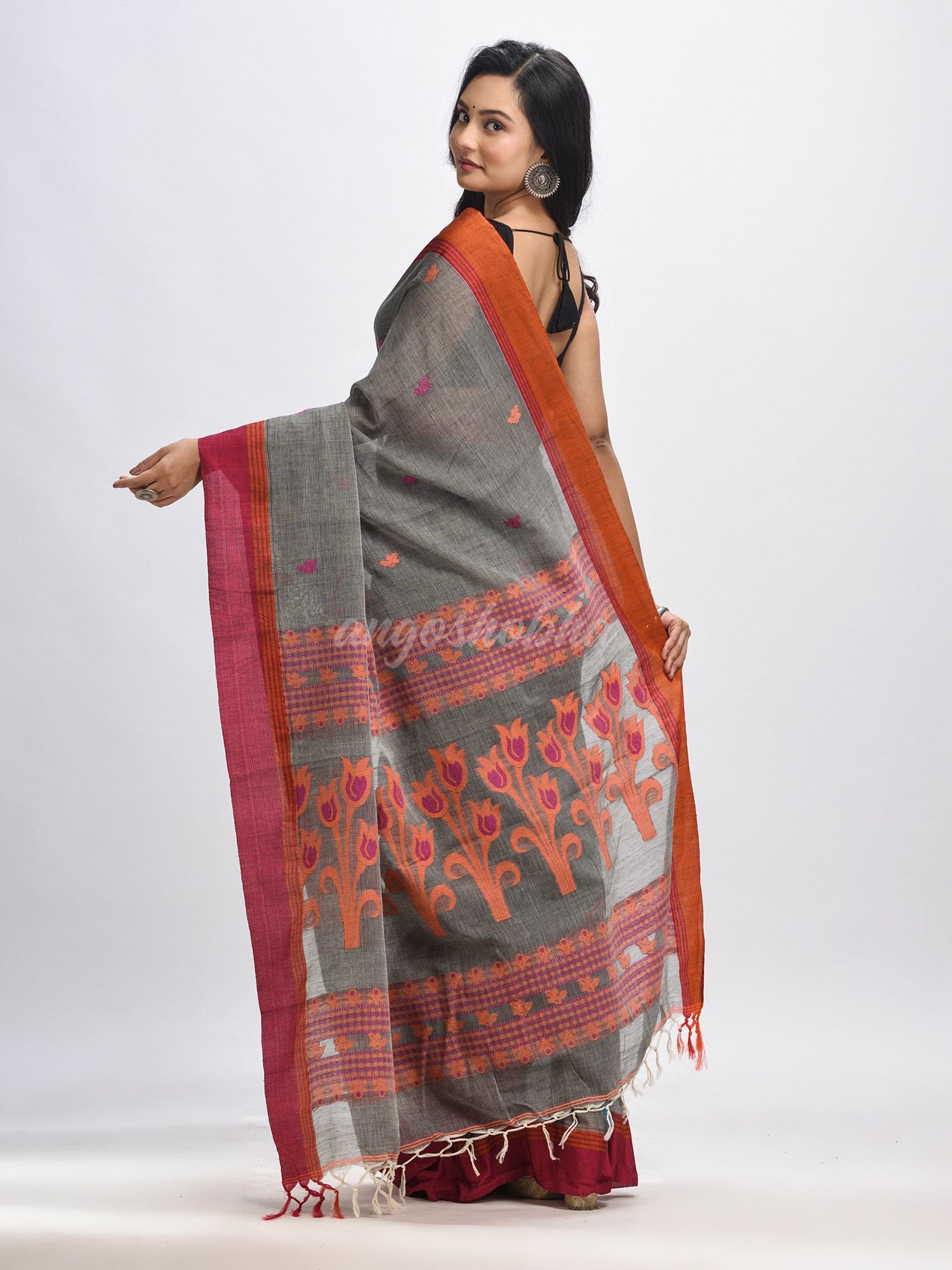 Grey cotton Jacquard  jamdani saree