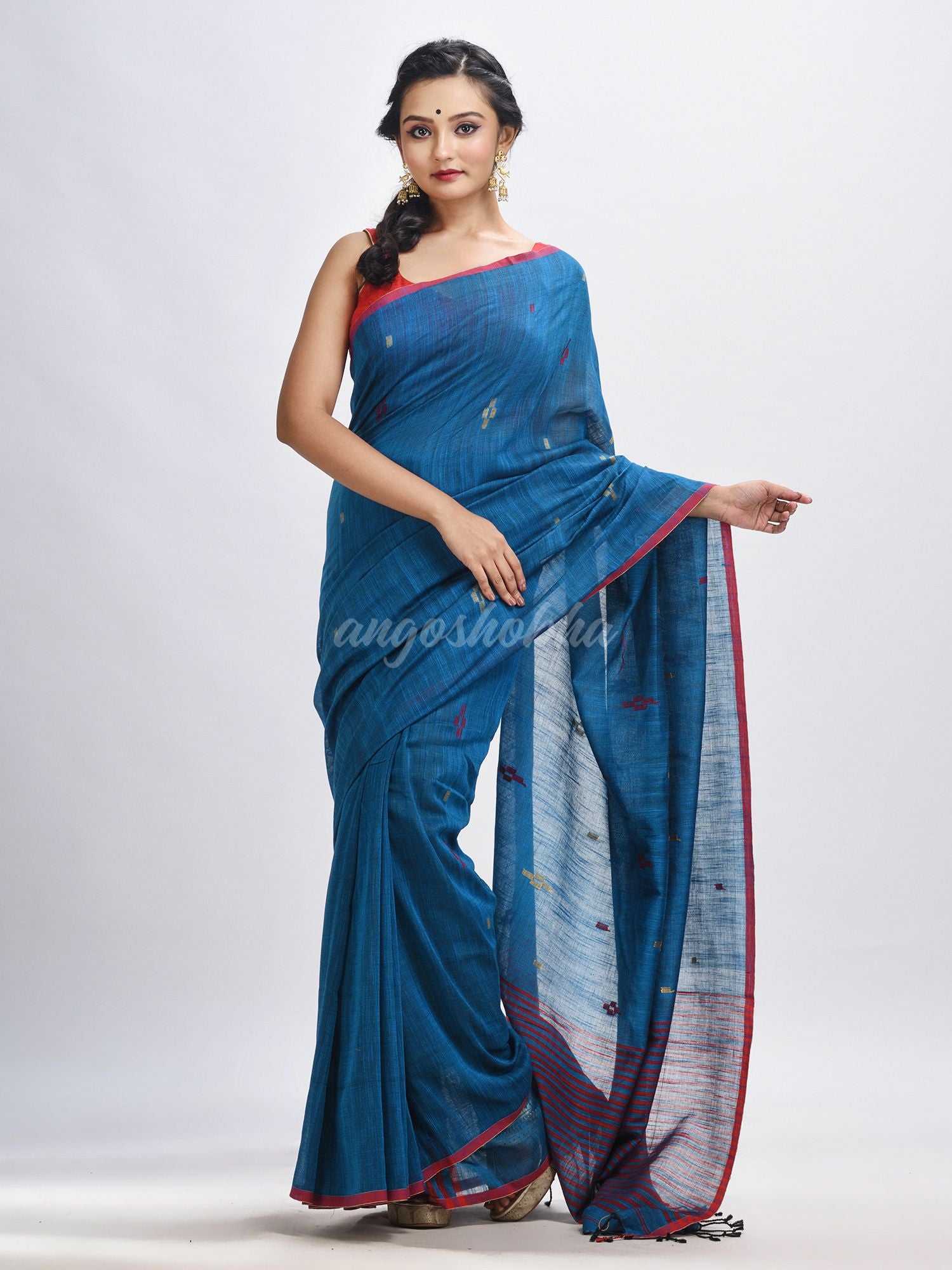 Turquoise cotton pallu stipe handwoven jamdani saree