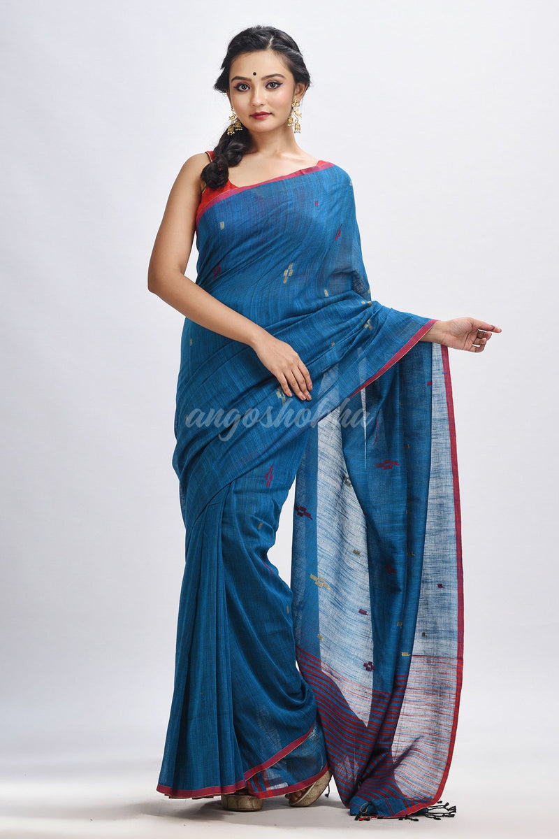 Turquoise cotton pallu stipe handwoven jamdani saree