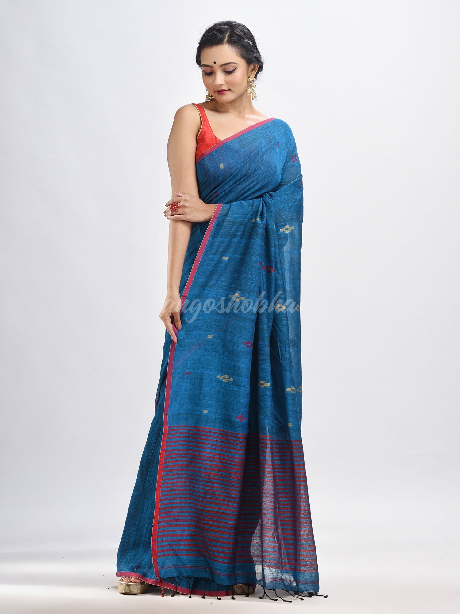 Turquoise cotton pallu stipe handwoven jamdani saree